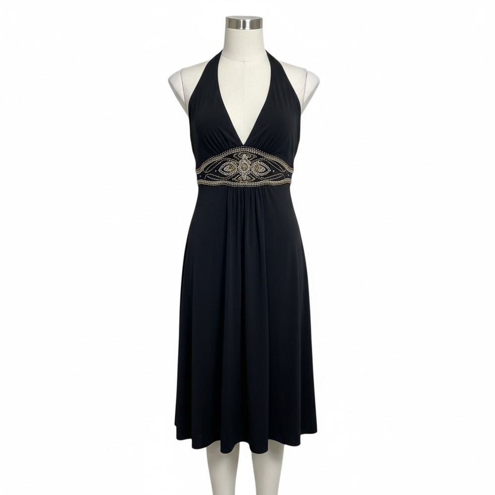 Maggy London Black Halter Beaded Waist Formal Evening Party Dress‎ Size 12